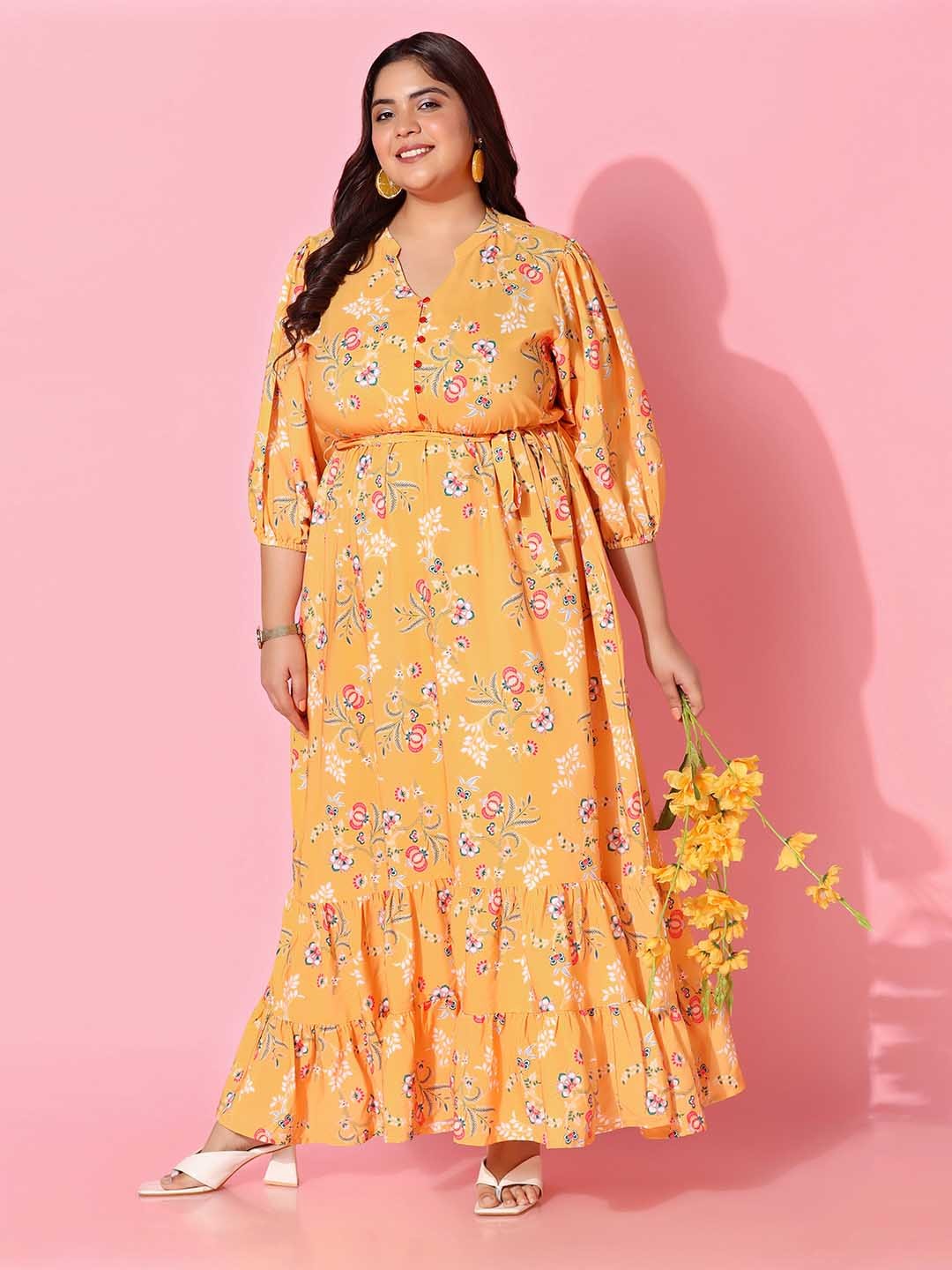 

FASHION DREAM Plus Size Floral Printed A Line Maxi Dress, Peach