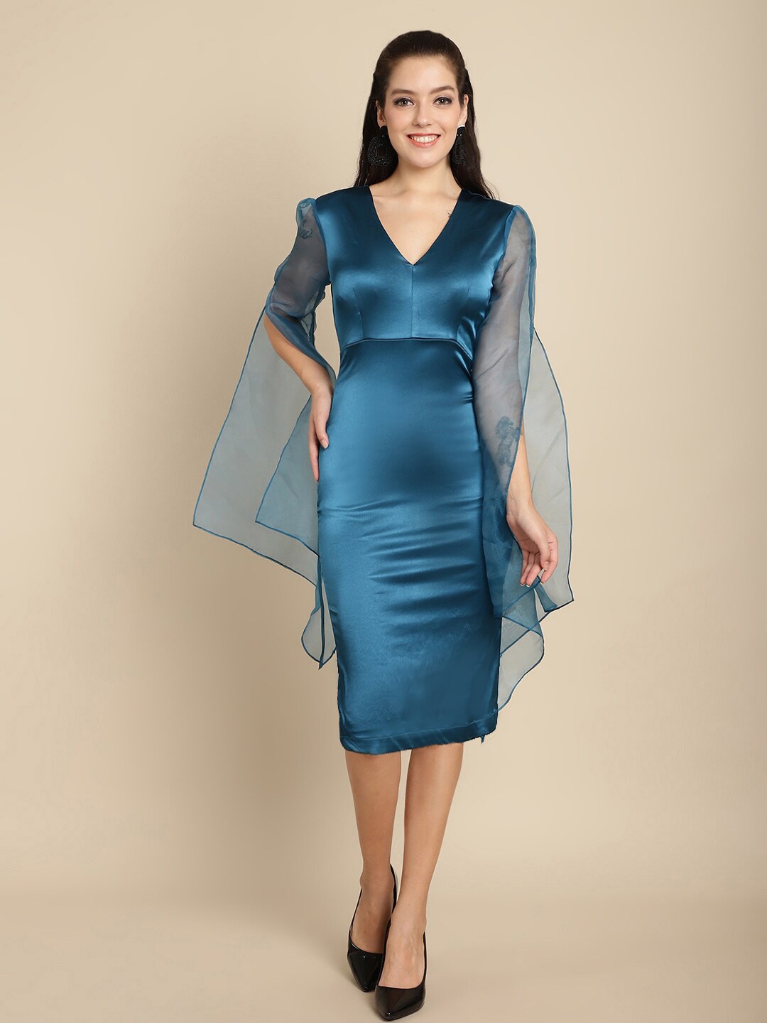 

BLANC9 V-Neck Flared Sleeves Sheath Dress, Turquoise blue