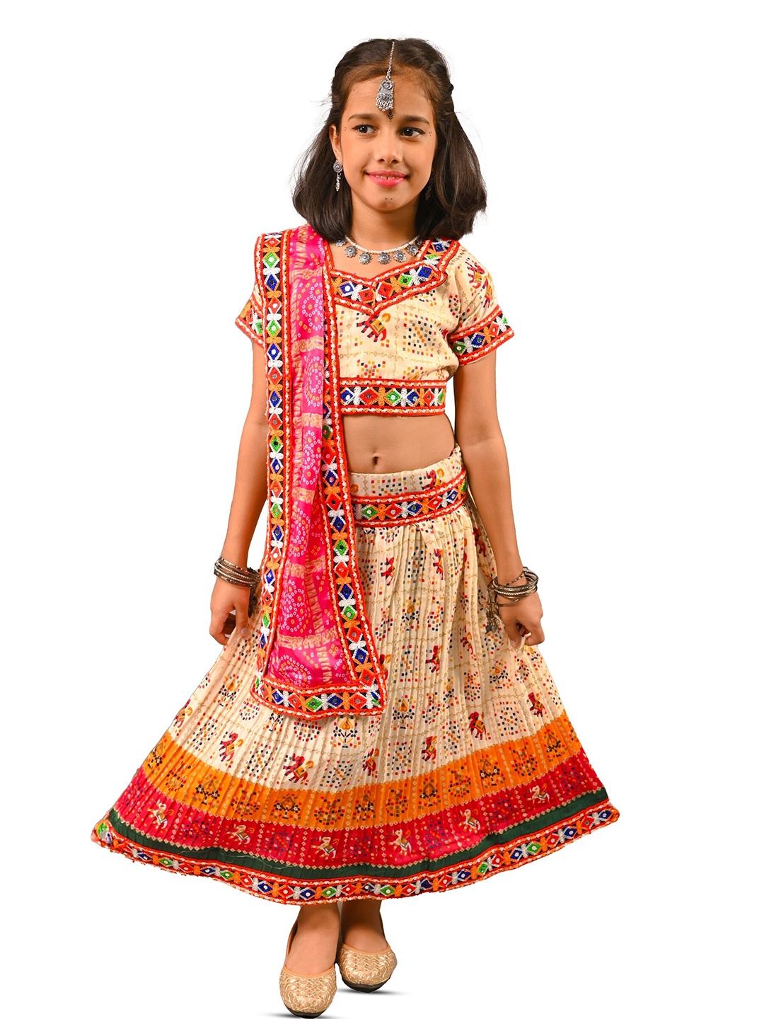 

ahhaaaa Girls Printed Mirror Work Cotton Ready to Wear Lehenga & Blouse With Dupatta, Cream