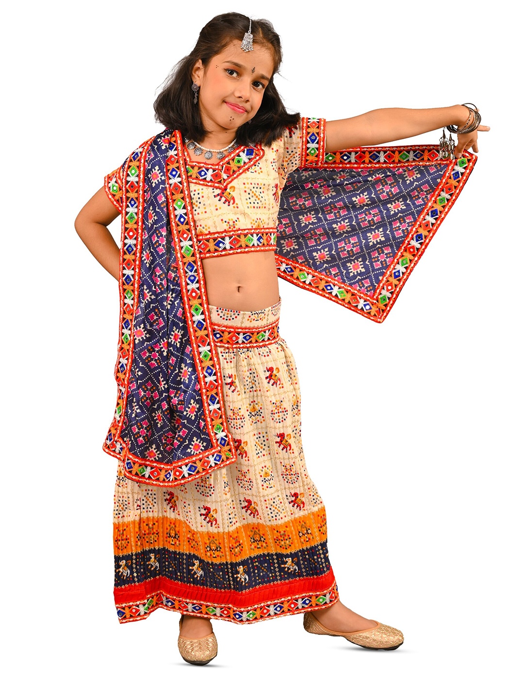 

ahhaaaa Girls Embroidered Mirror Work Ready to Wear Cotton Lehenga & Blouse With Dupatta, Blue