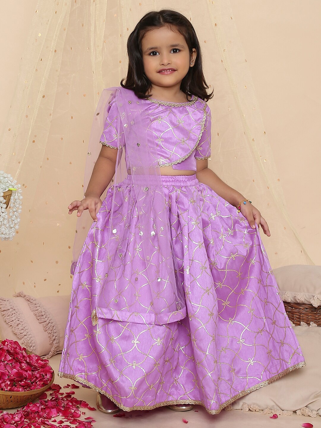 

KID1 Girls Embroidered Ready to Wear Lehenga & Blouse With Dupatta, Purple