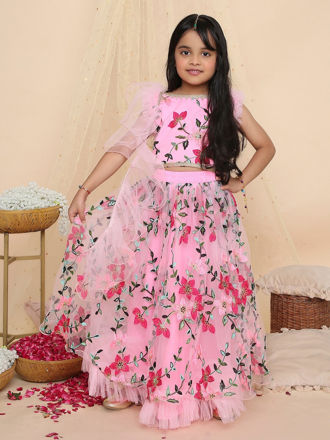 

KID1 Girls Floral Embroidered Ready to Wear Lehenga & Blouse With Dupatta, Pink