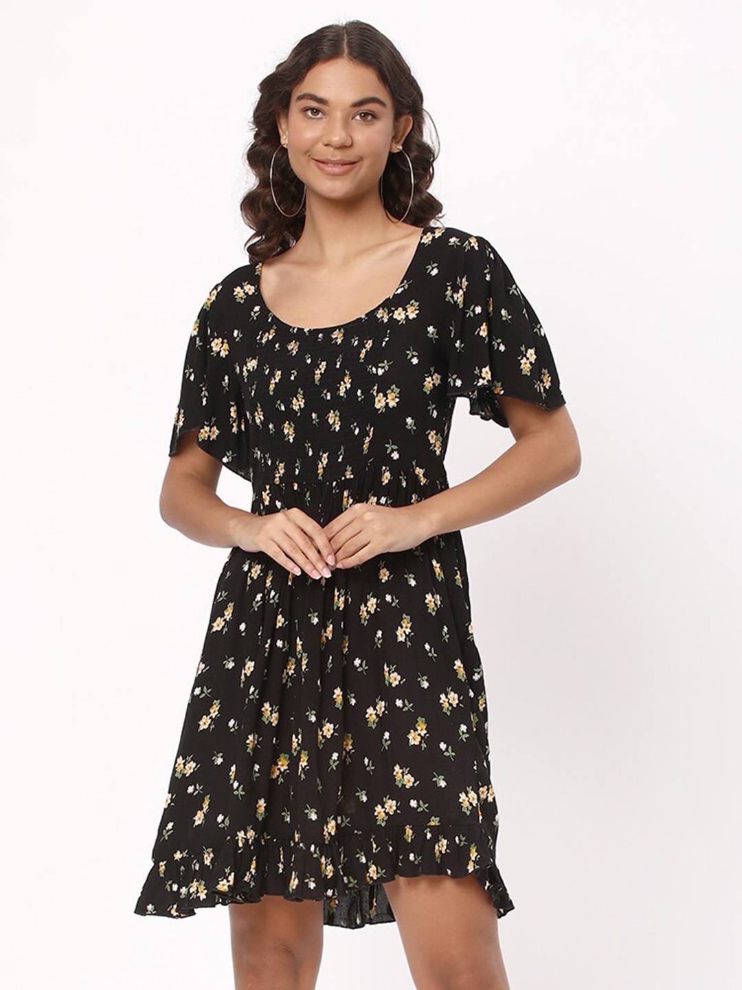 

R&B Floral Printed Smocked Fit & Flare Dress, Black