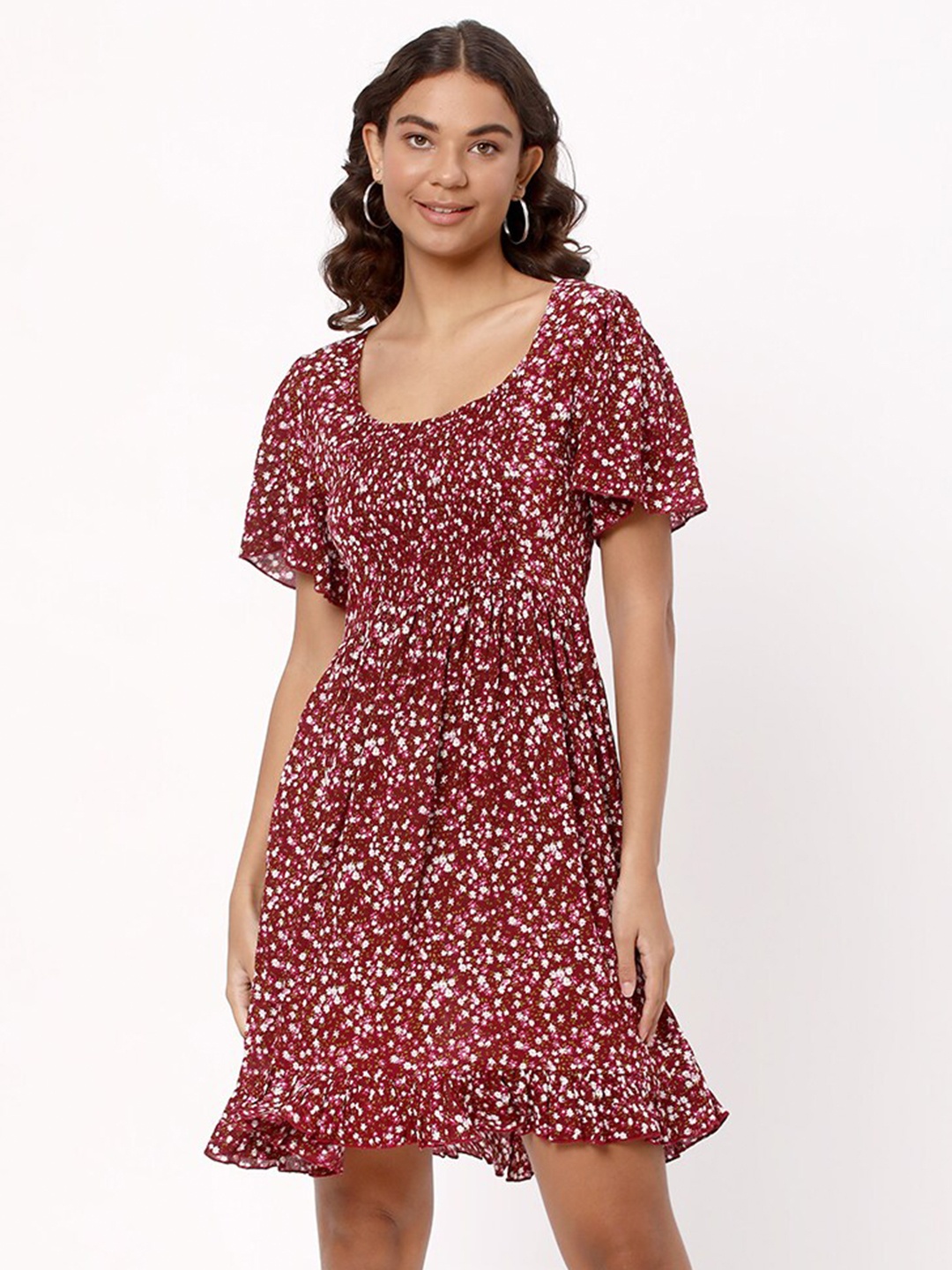 

R&B Floral Printed Smocked Fit & Flare Dress, Purple