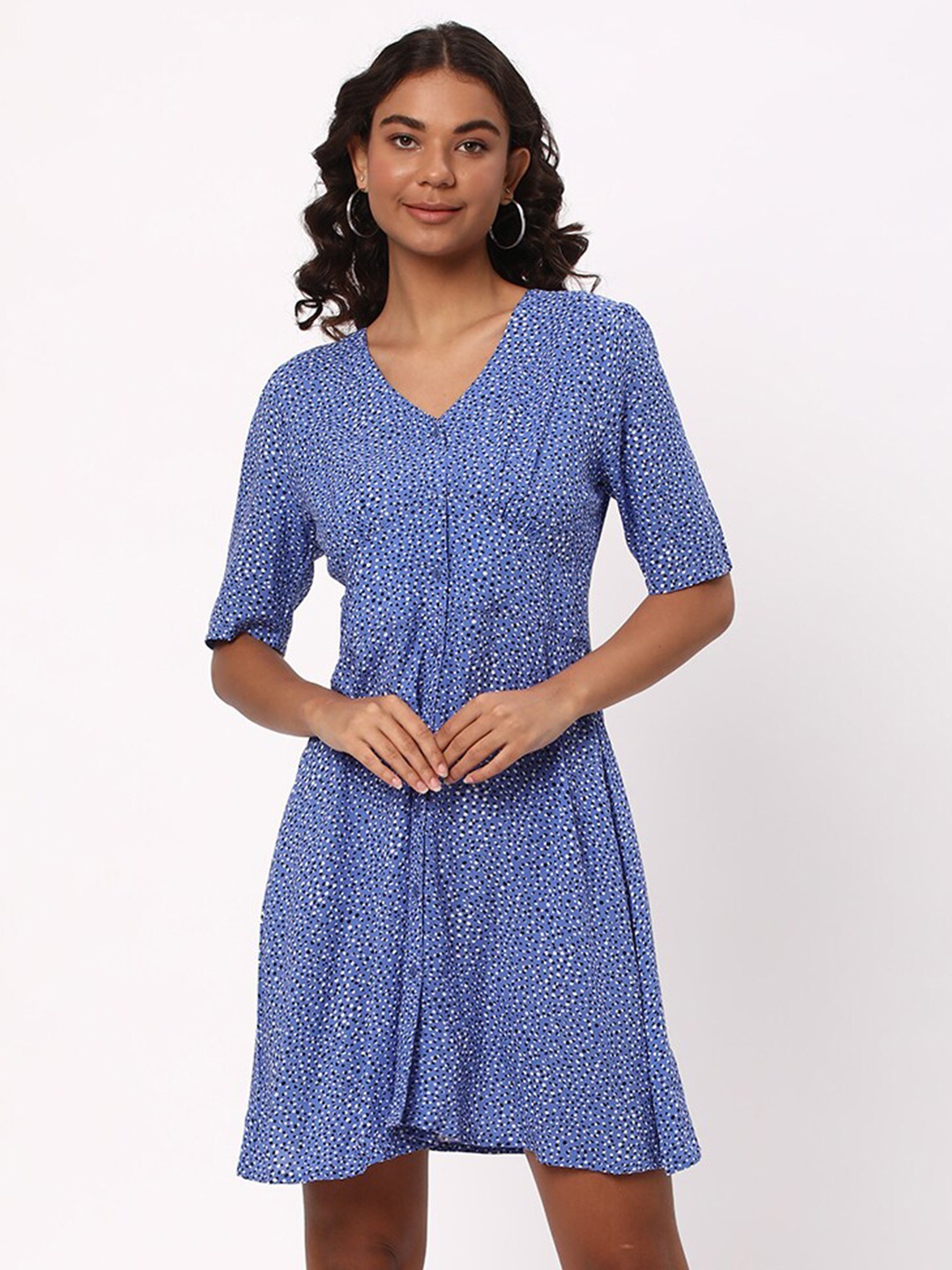 

R&B Abstract Printed V-Neck A-Line Dress, Blue
