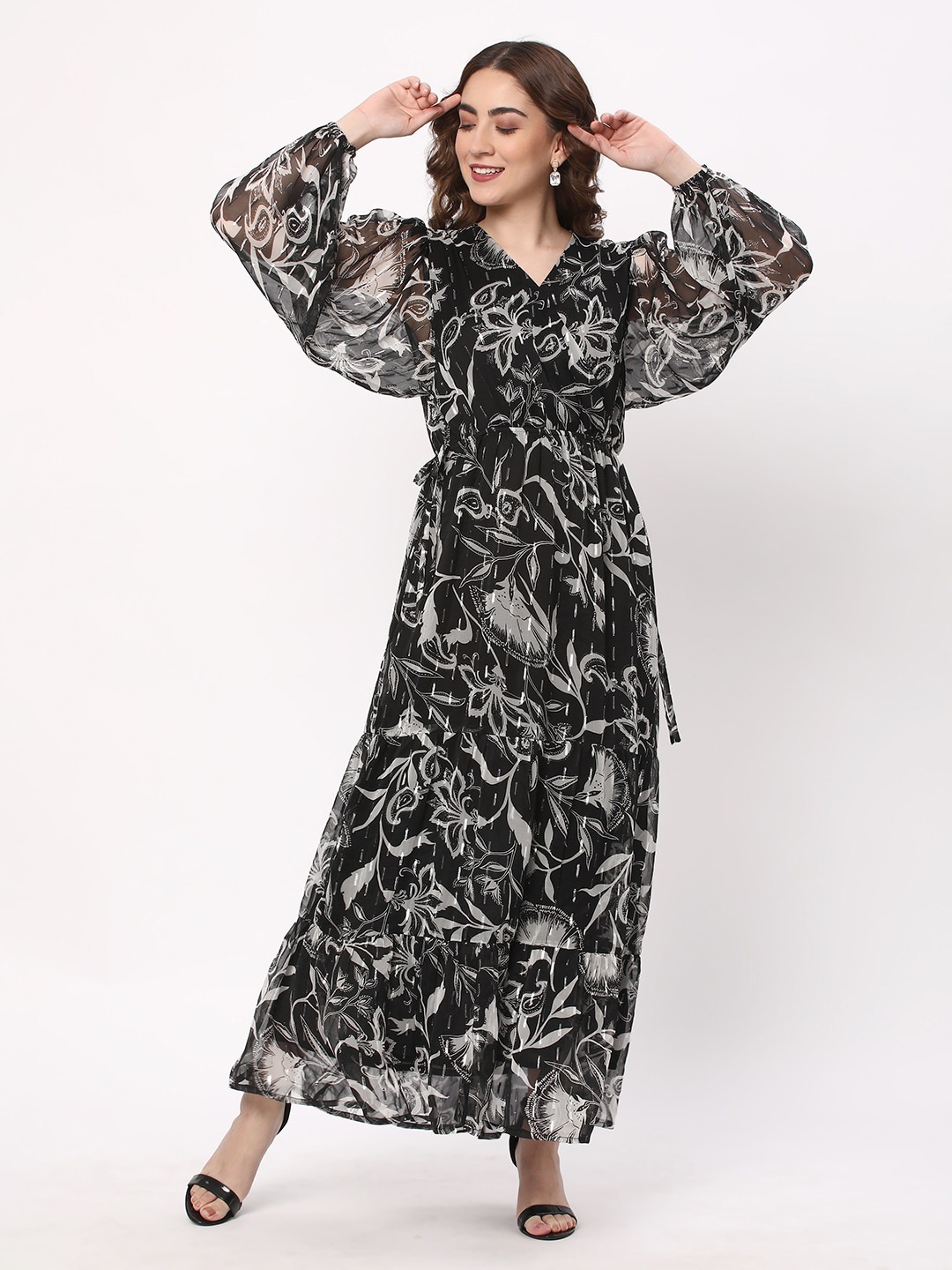

R&B Floral Printed V-Neck Puff Sleeves Maxi Dress, Black