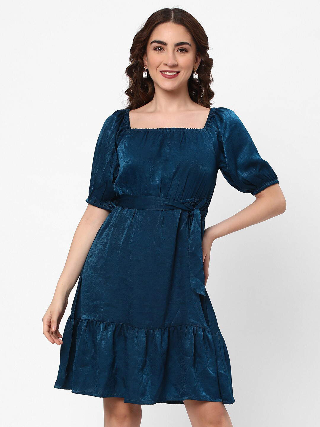 

R&B Square Neck Puff Sleeve Tie-Ups A-Line Dress, Blue