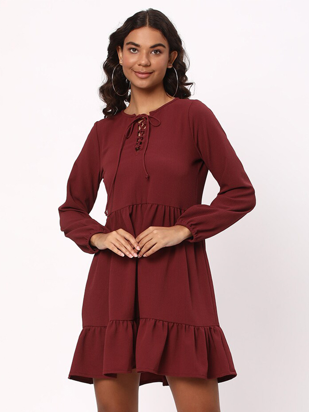 

R&B Tie up Neck Puff Sleeves A-Line Dress, Red