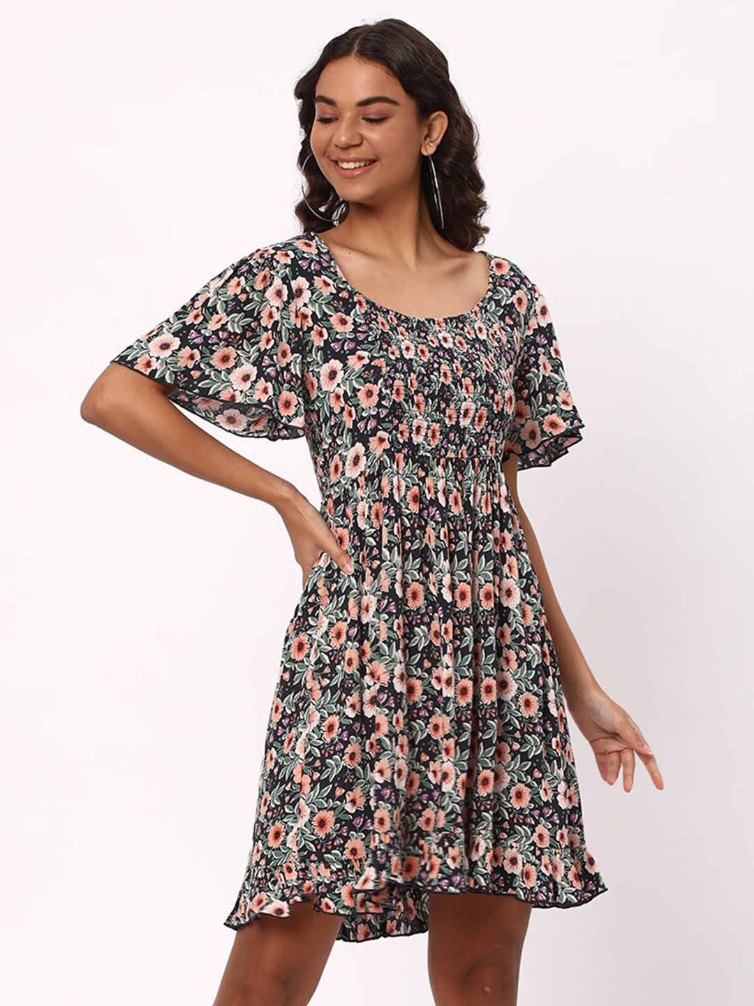 

R&B Floral Printed Flared Sleeves Smocked Fit & Flare Dress, Blue