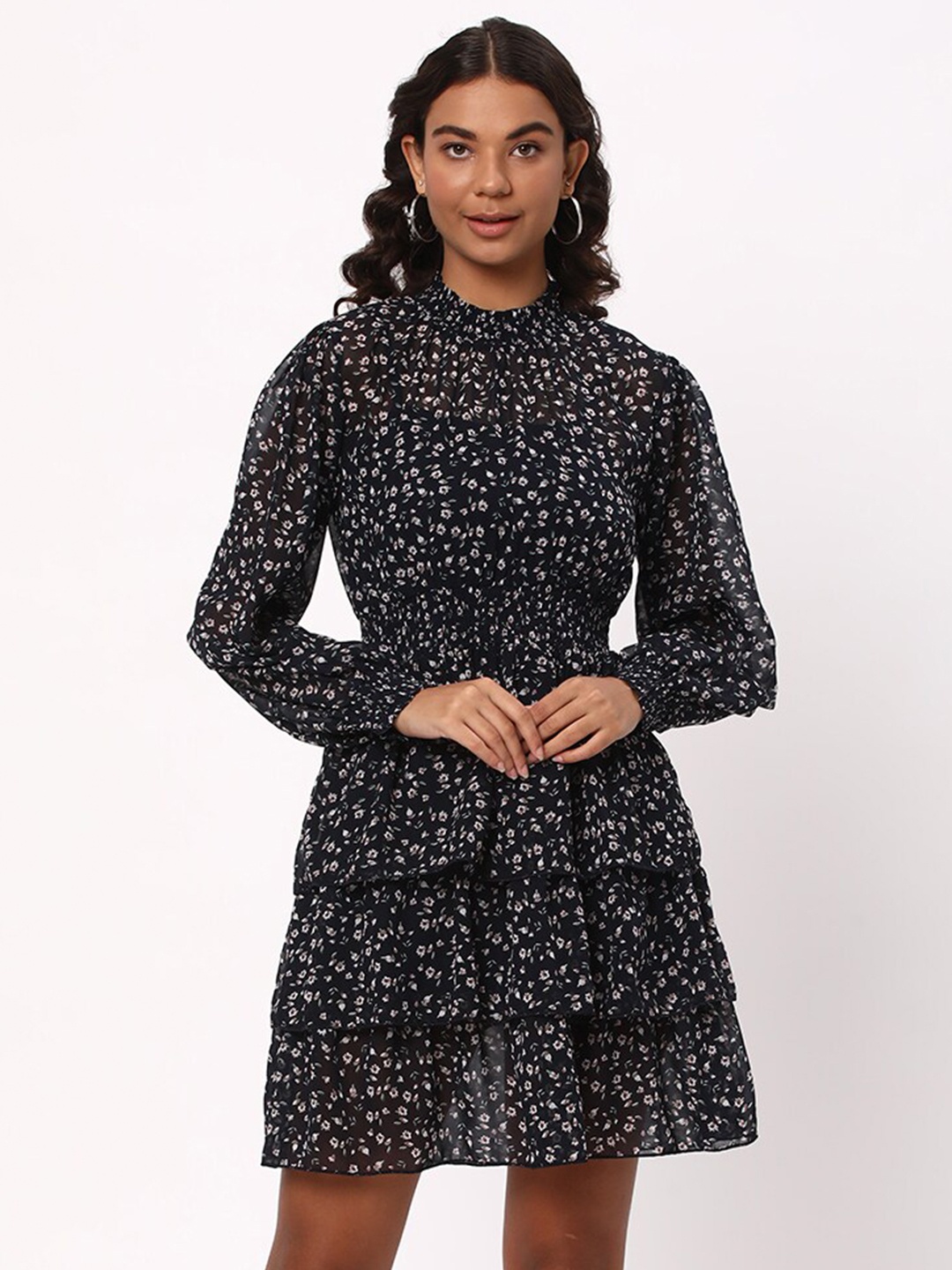 

R&B Floral Printed High Neck Puff Sleeves Smocked Fit & Flare Dress, Blue