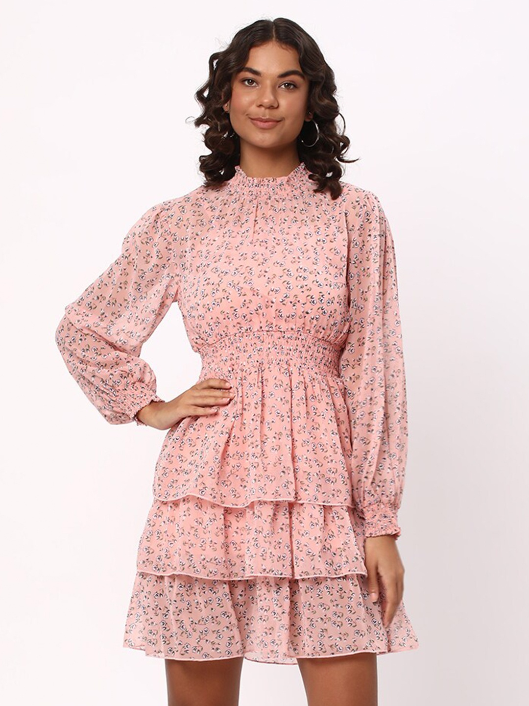 

R&B Floral Printed High Neck Cuffed Sleeves Fit & Flare Layared Dress, Pink