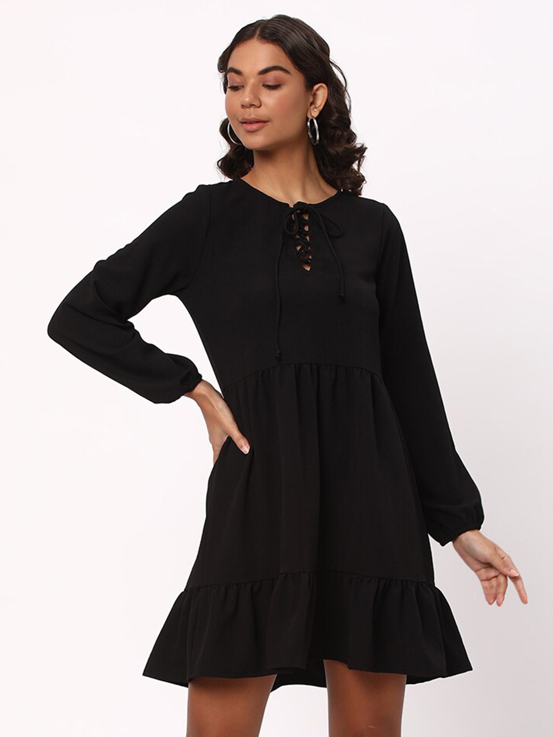 

R&B Tie Up Neck Puff Sleeves A-Line Dress, Black