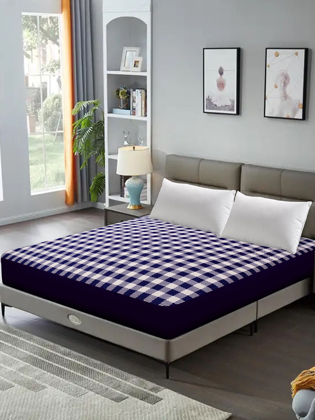 

DREAM CARE Blue & White Checked Stretchable King-Size Mattress Protector