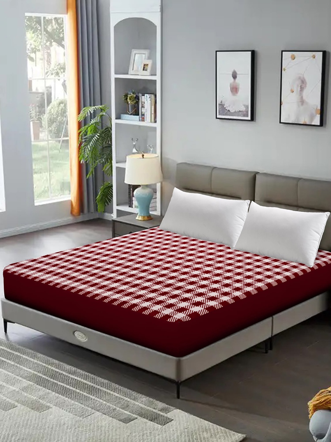 

DREAM CARE Maroon & White Geometric Printed Stretchable Single Mattress Protector