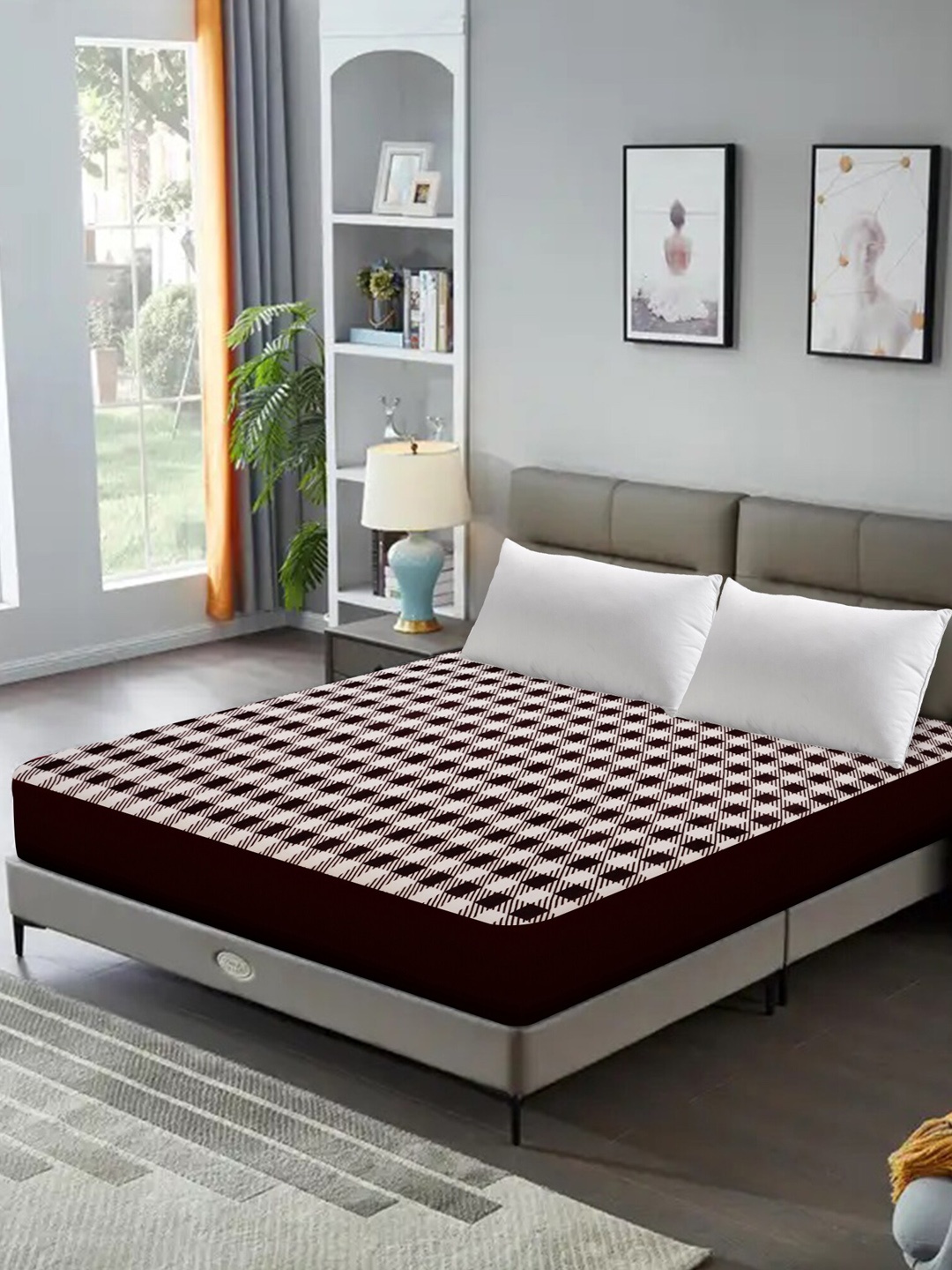 

DREAM CARE Maroon & White Printed Queen Size Bed Mattress Protector