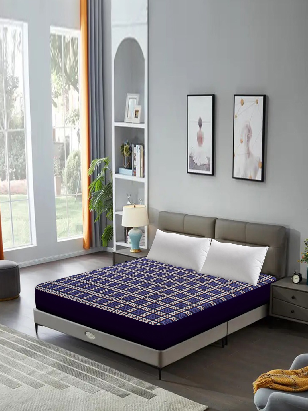 

DREAM CARE Blue & White Checked Water Resistant Queen Size Mattress Protector