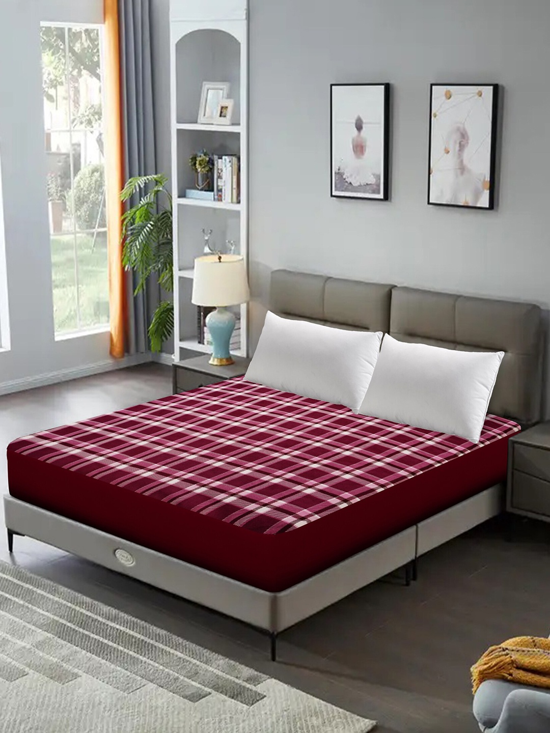 

DREAM CARE Maroon & White Printed Queen Size Bed Mattress Protector