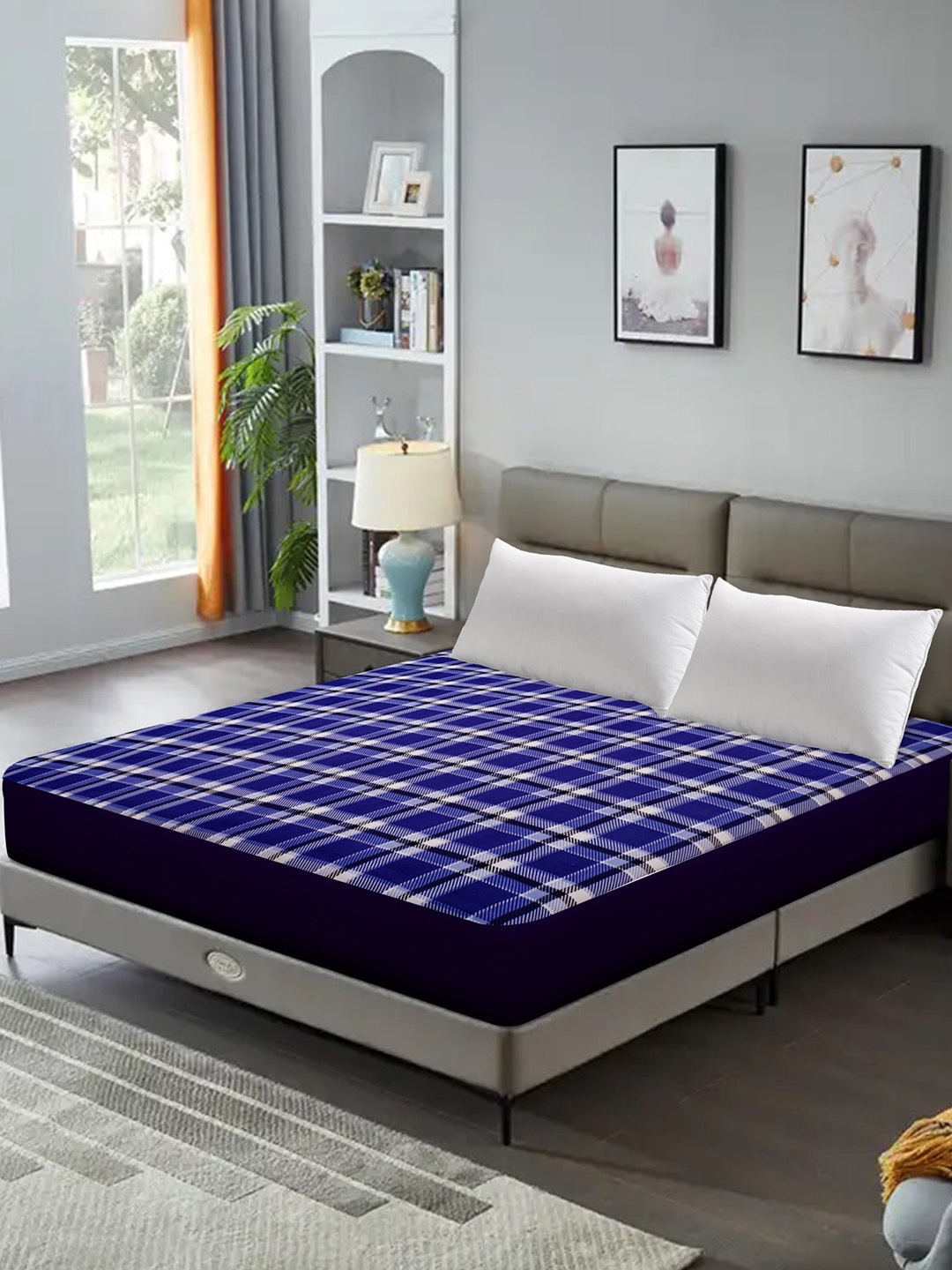 

DREAM CARE Blue & White Checked Queen Size Bed Mattress Protector