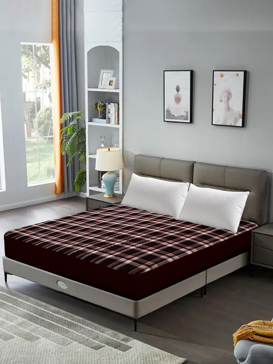 

DREAM CARE Brown & White Checked Water Resistant Single Size Mattress Protector