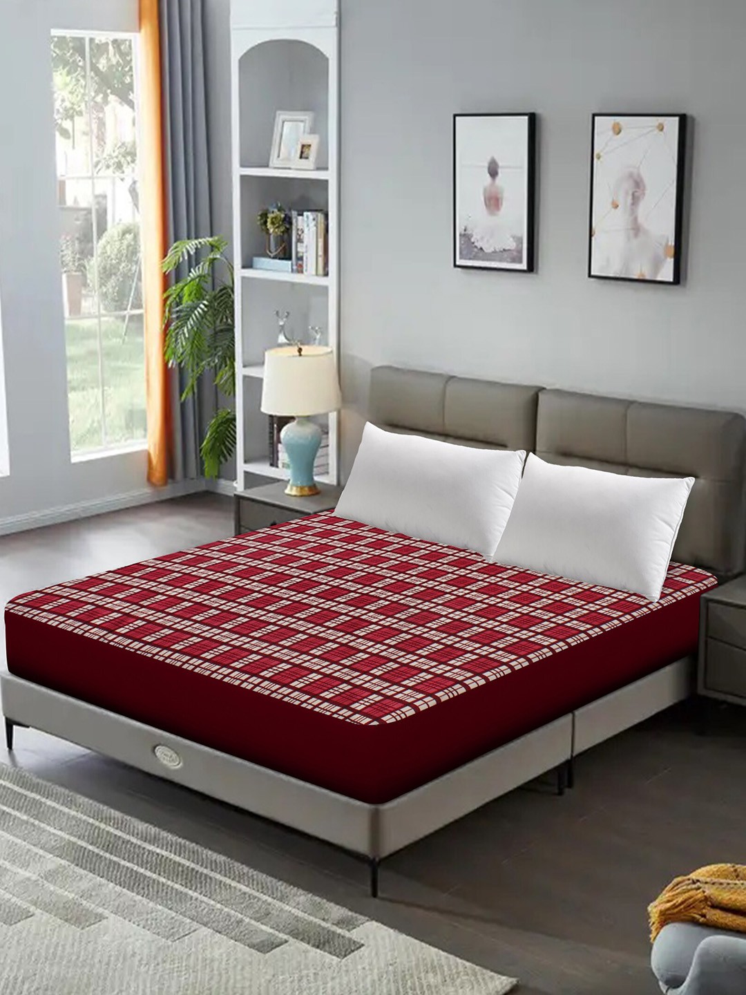 

DREAM CARE Maroon & Beige Checked Queen Size Bed Mattress Protector