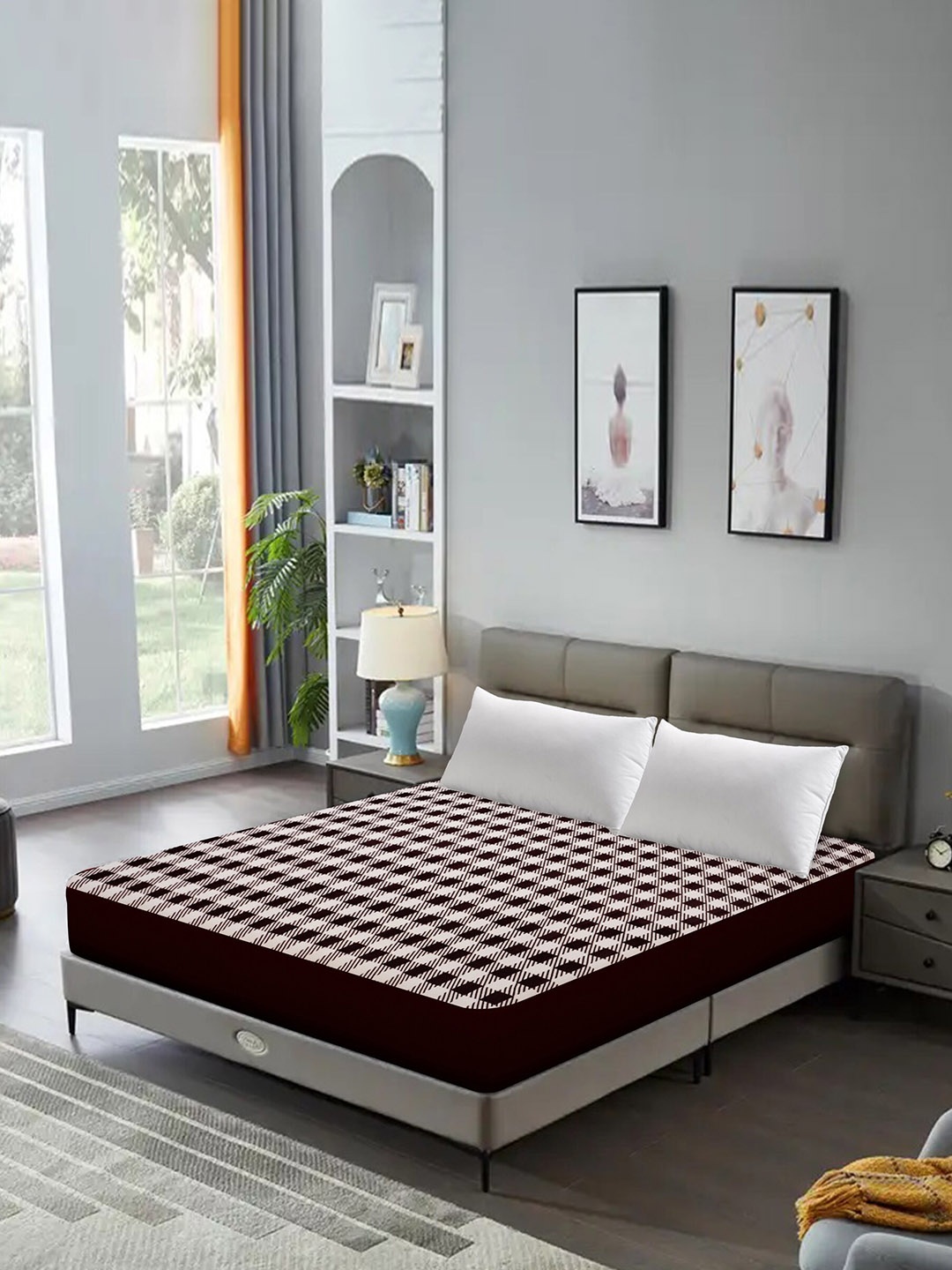 

DREAM CARE Maroon & White Checked Water Resistant King Size Mattress Protector