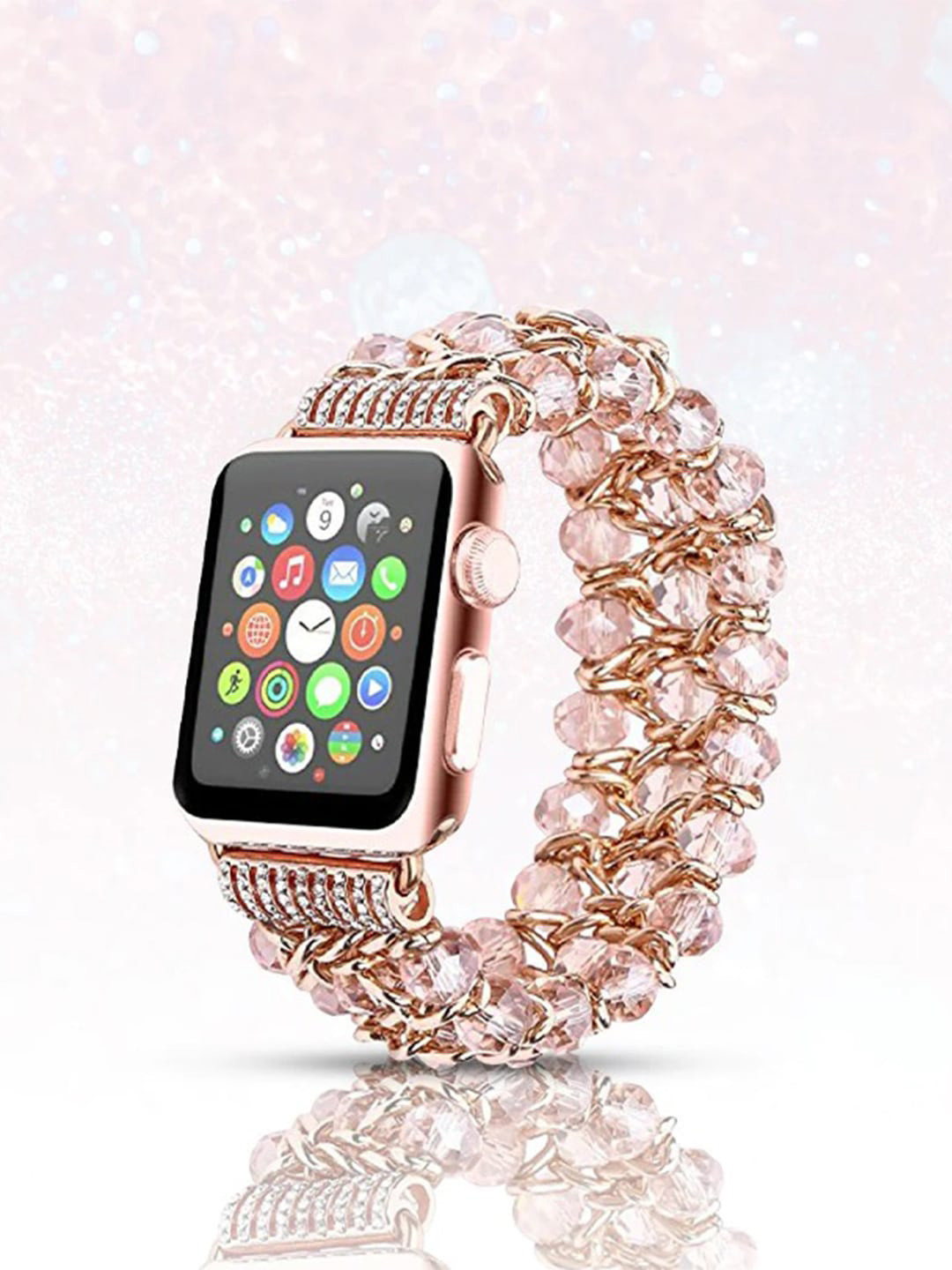 

PEEPERLY Women Stainless Steel Crystal Bead Stretch Bracelet Smartwatch Strap, Rose