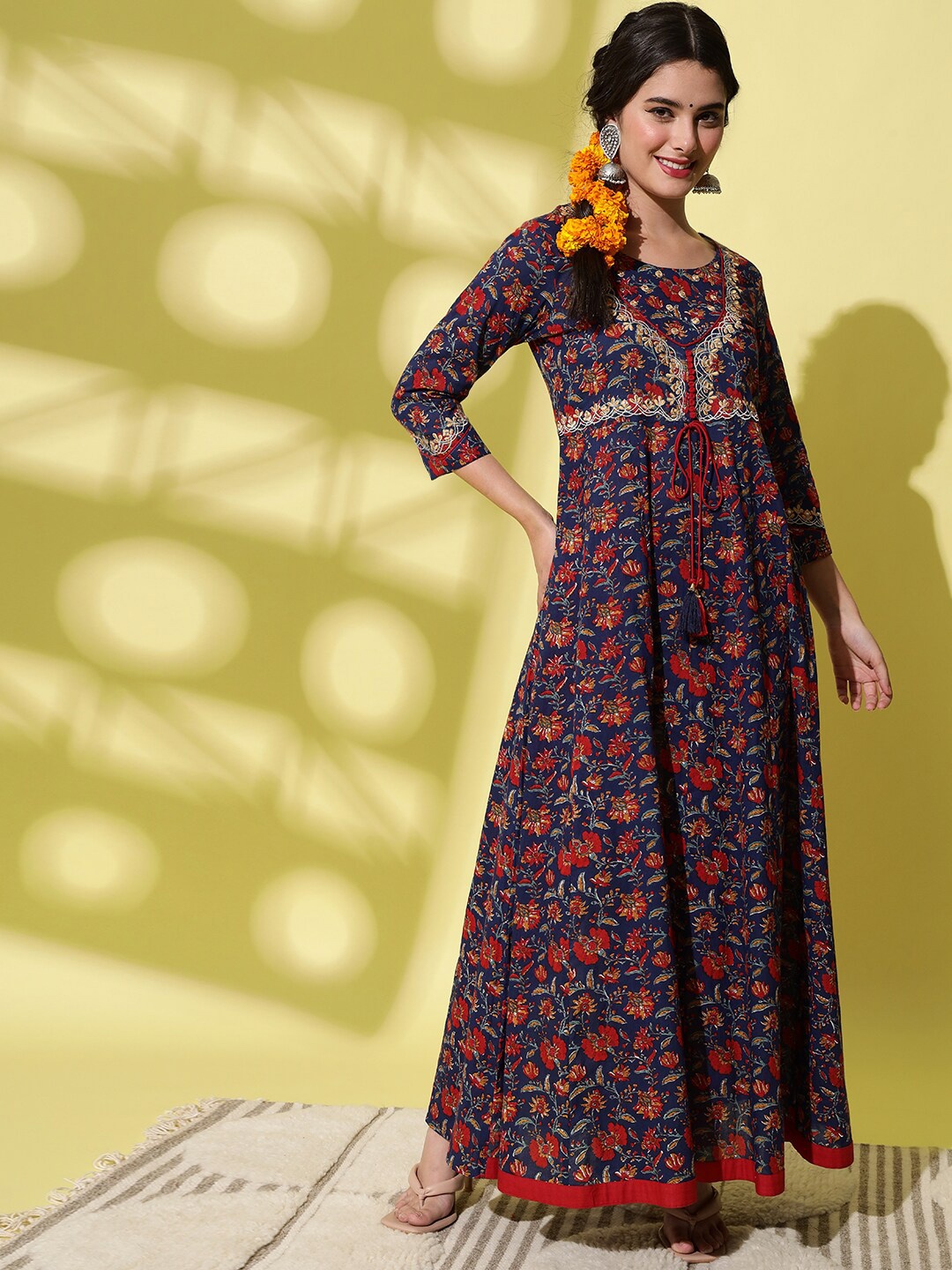 KALINI Floral Printed Maxi Pure Cotton Ethnic Dress, Blue
