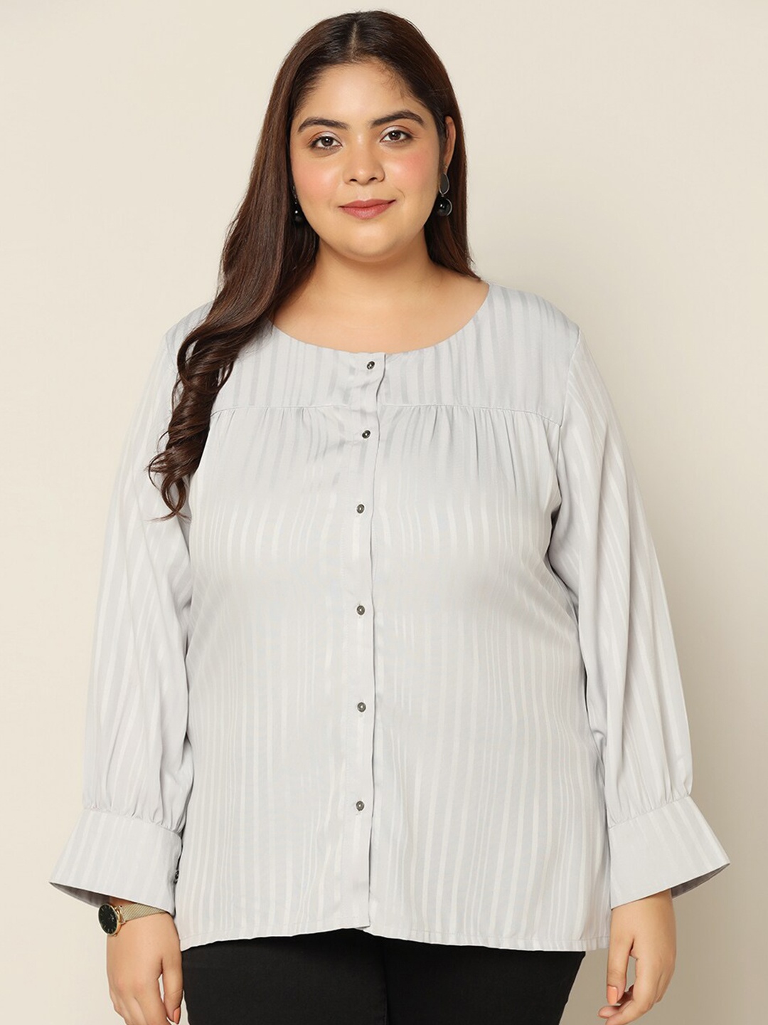 

FASHION DREAM Striped Shirt Style Top, Grey