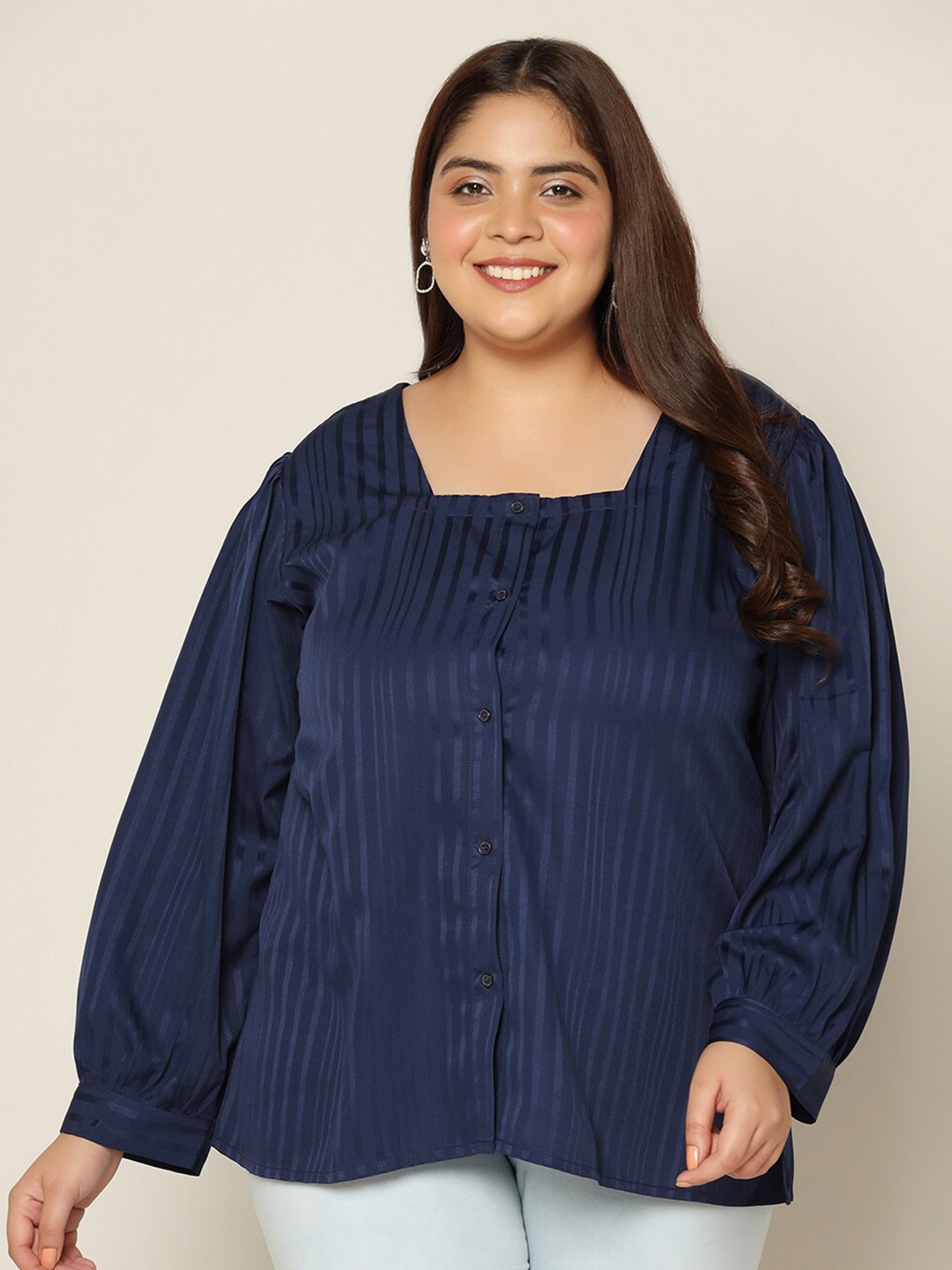 

FASHION DREAM Plus Size Striped Puff Sleeve Shirt Style Top, Navy blue