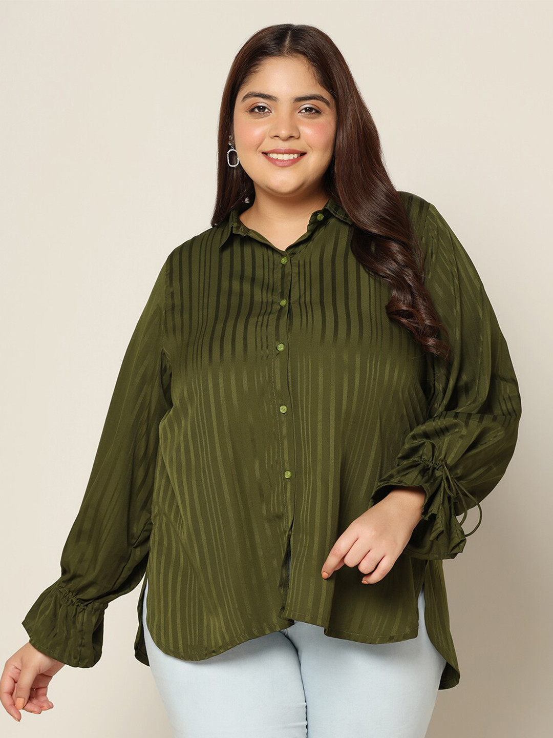 

FASHION DREAM Plus Size Striped Shirt Style Top, Olive