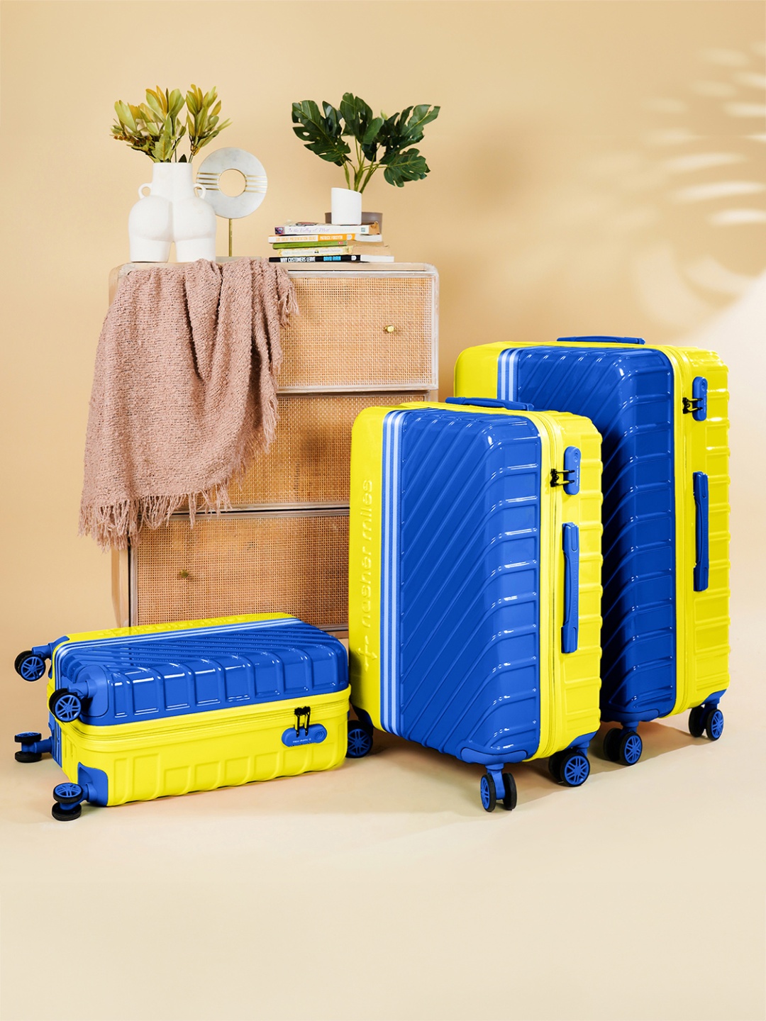 

Nasher Miles Vegas Set Of 3 Colourblocked Hard-Sided Trolley suitcases, Yellow