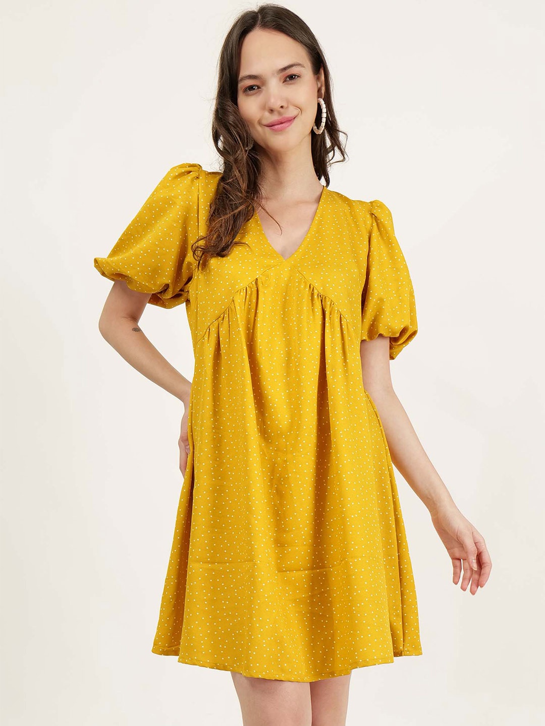 

DRIRO Polka Dots Printed Puff Sleeves A-Line Dress, Mustard