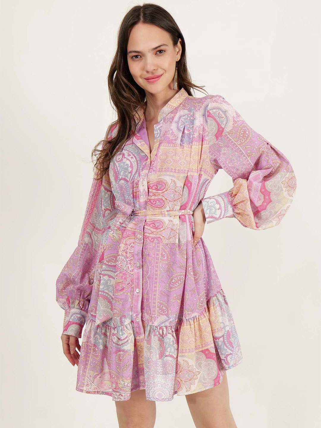 

DRIRO Floral Printed Belted Cuff Sleeves Shirt Style Dress, Pink