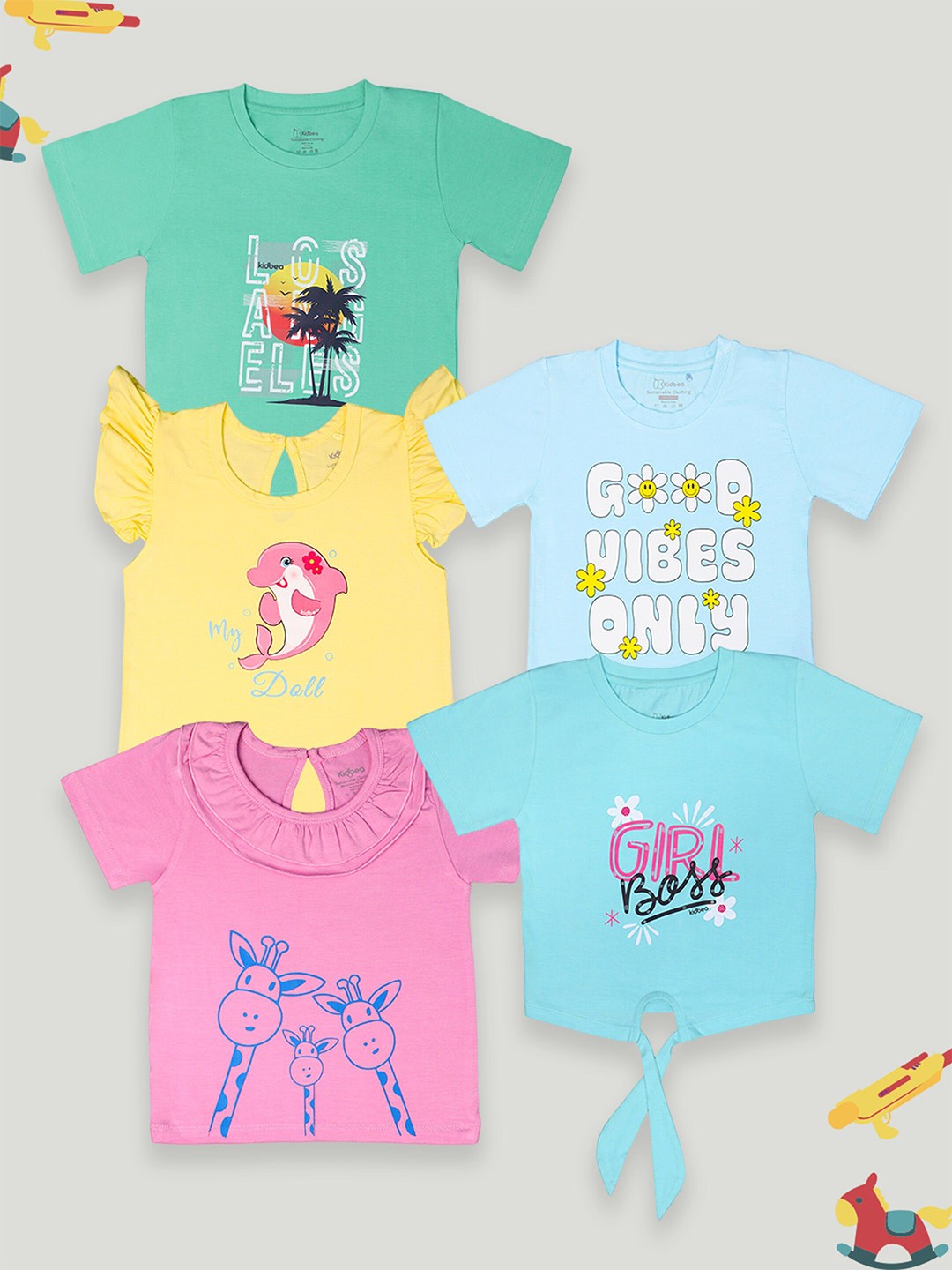 

Kidbea Kids Pack of 5 Typography Printed Cotton T-shirt, Blue