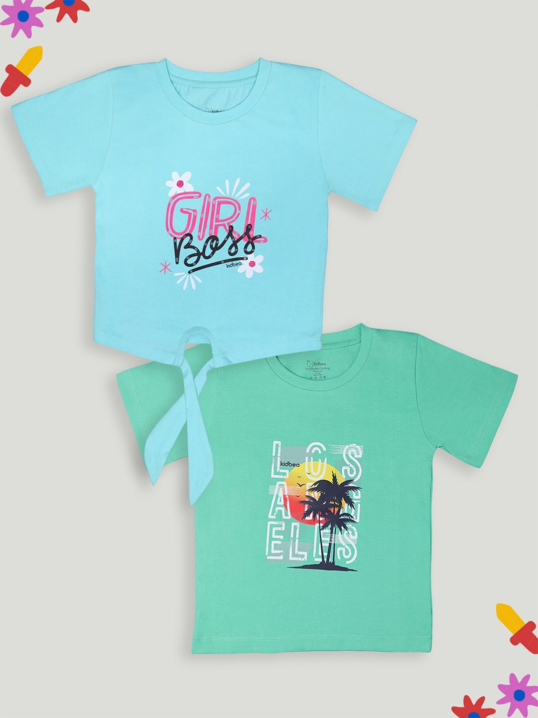 

Kidbea Girls Pack Of 2 Typography Printed Cotton T-shirt, Blue