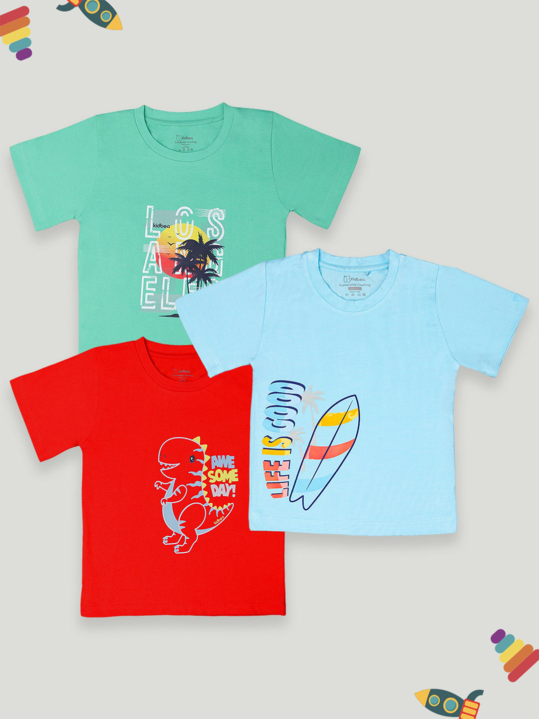 

Kidbea Kids Pack Of 3 Graphic Printed Cotton T-Shirt, Green