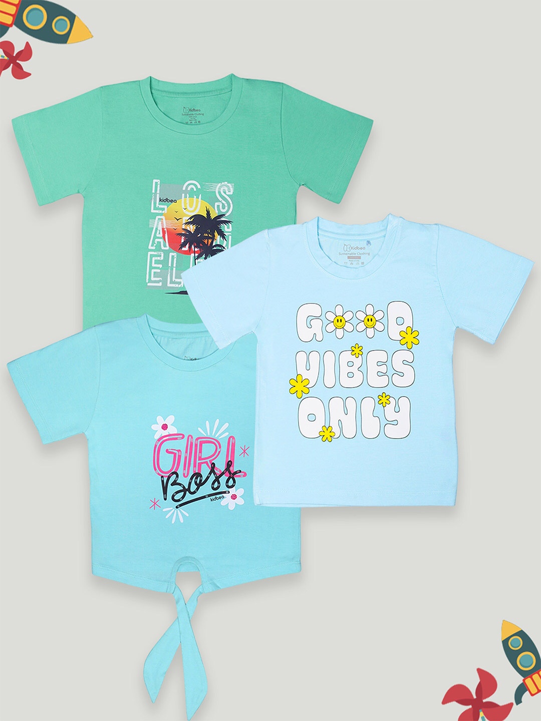 

Kidbea Kids Pack Of 3 Graphic Printed Cotton T-Shirt, Green