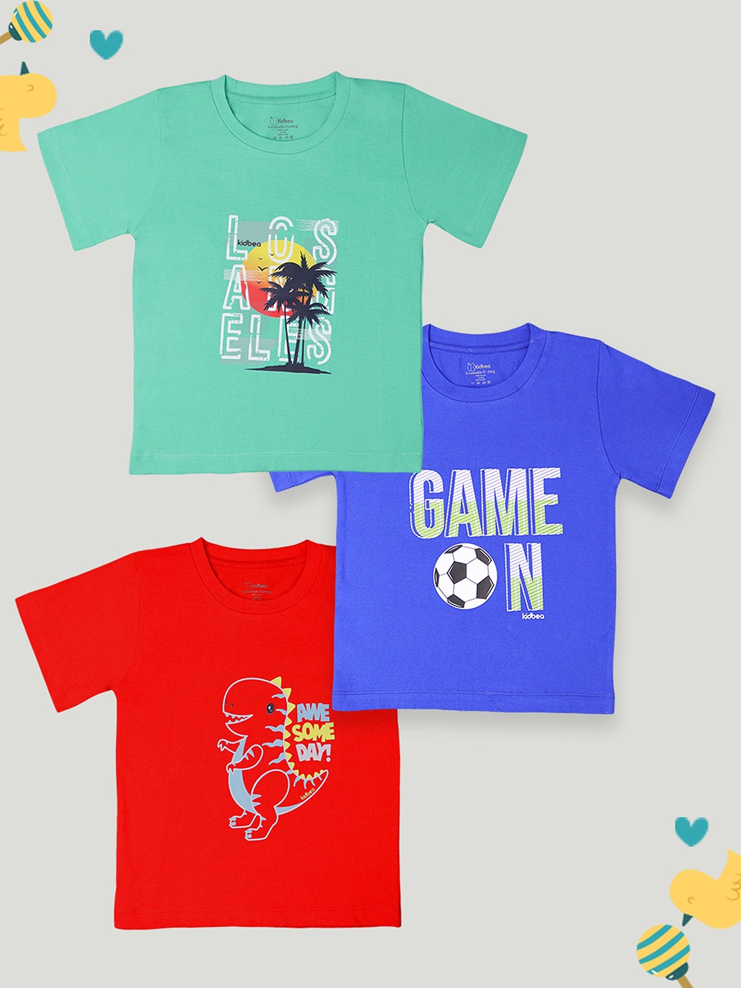 

Kidbea Boys Pack Of 3 Graphic Printed Cotton T-shirt, Green