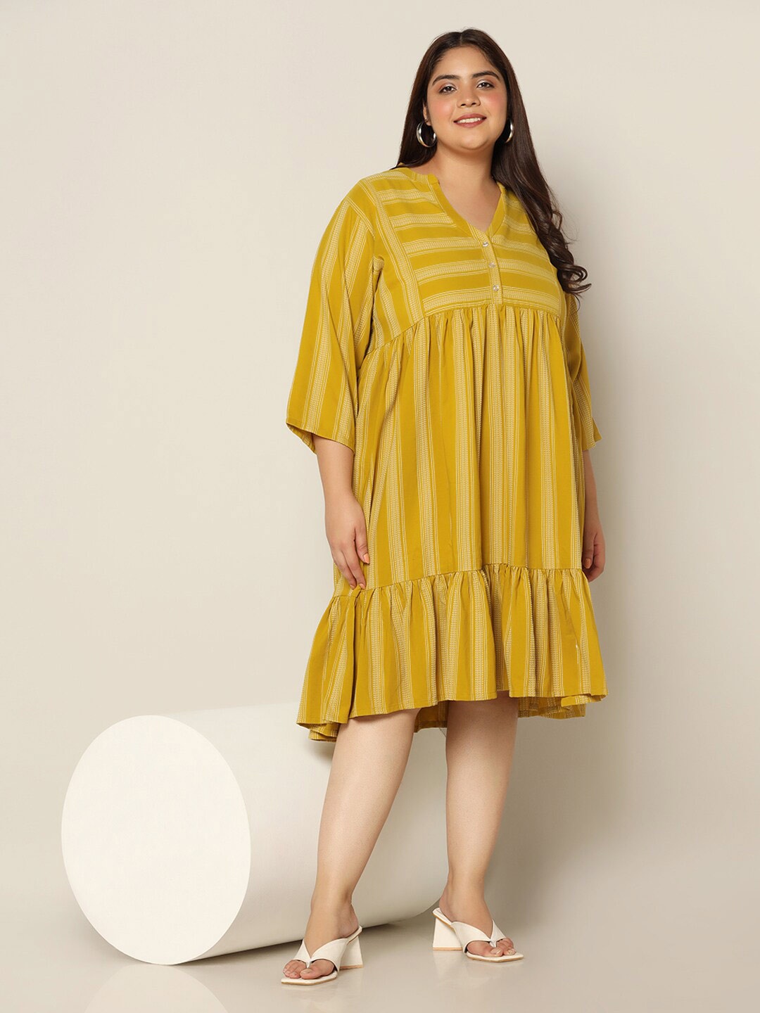 

FASHION DREAM Plus Size Striped A Line Dress, Mustard