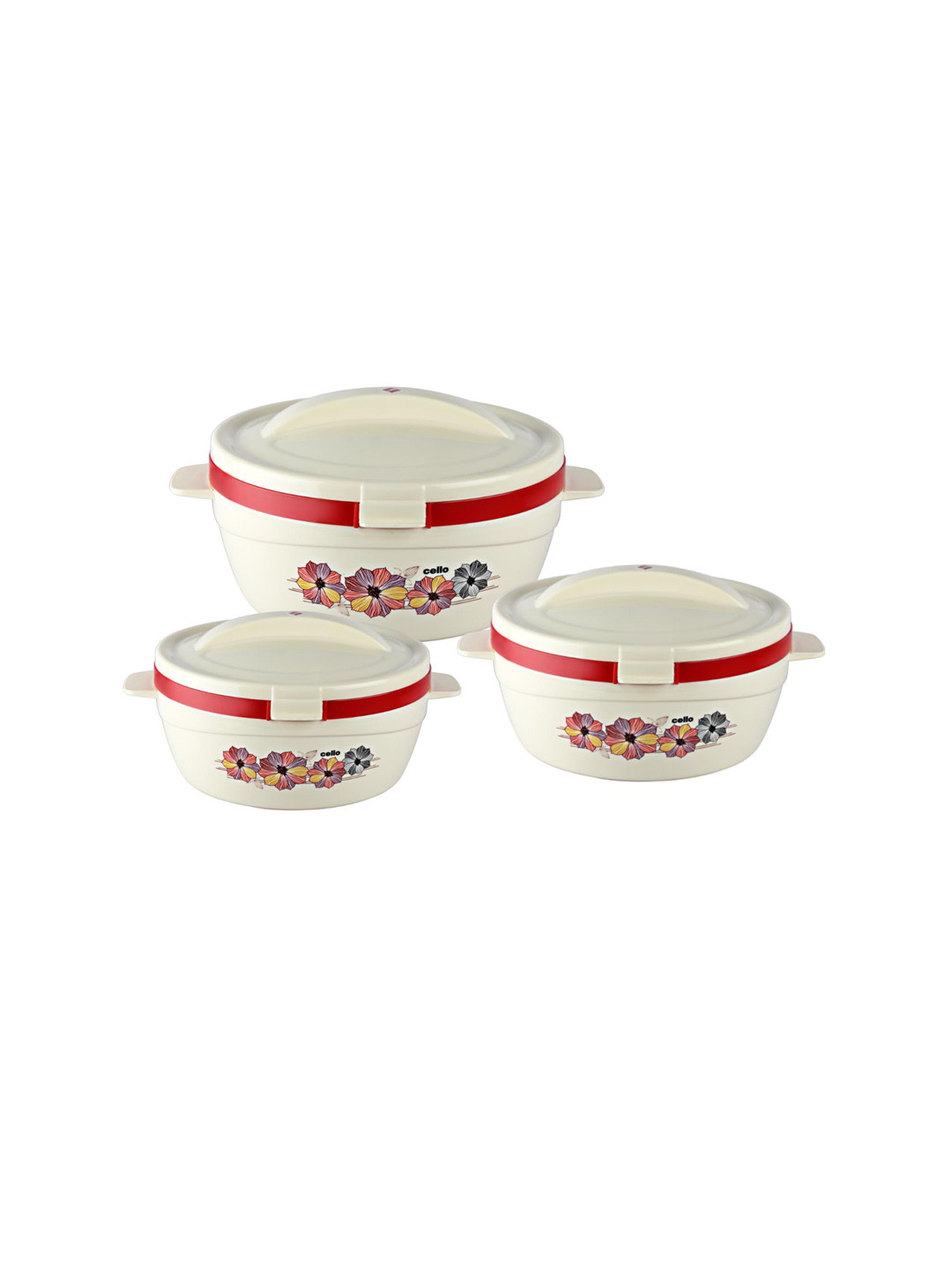 

Cello Flip Mop 3-Pieces Off-white & Red Stainless Steel Casseroles 500 ml 850 ml 1.5 L