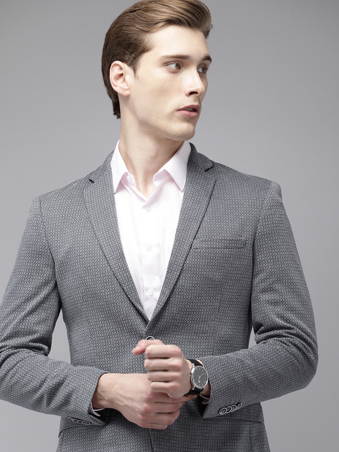

Park Avenue Super Slim Fit Self Design Single-Breasted Formal Blazers, Grey