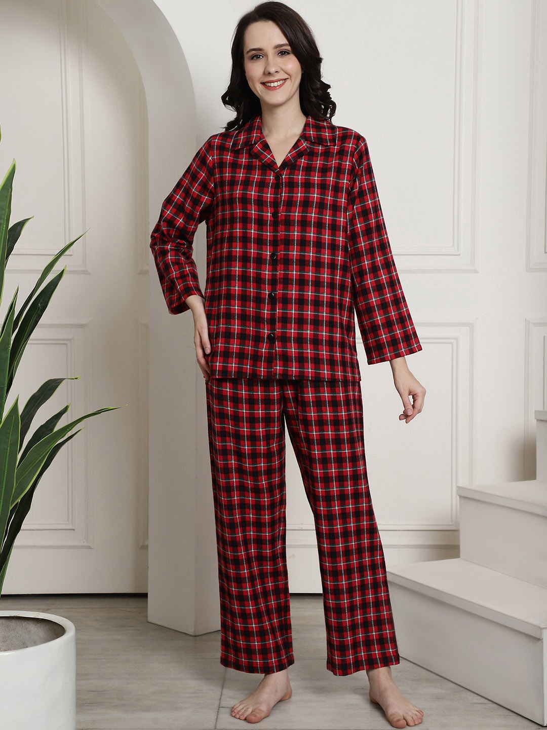 

Secret Wish Checked Lapel Collar Flannel Cotton Night suit, Maroon