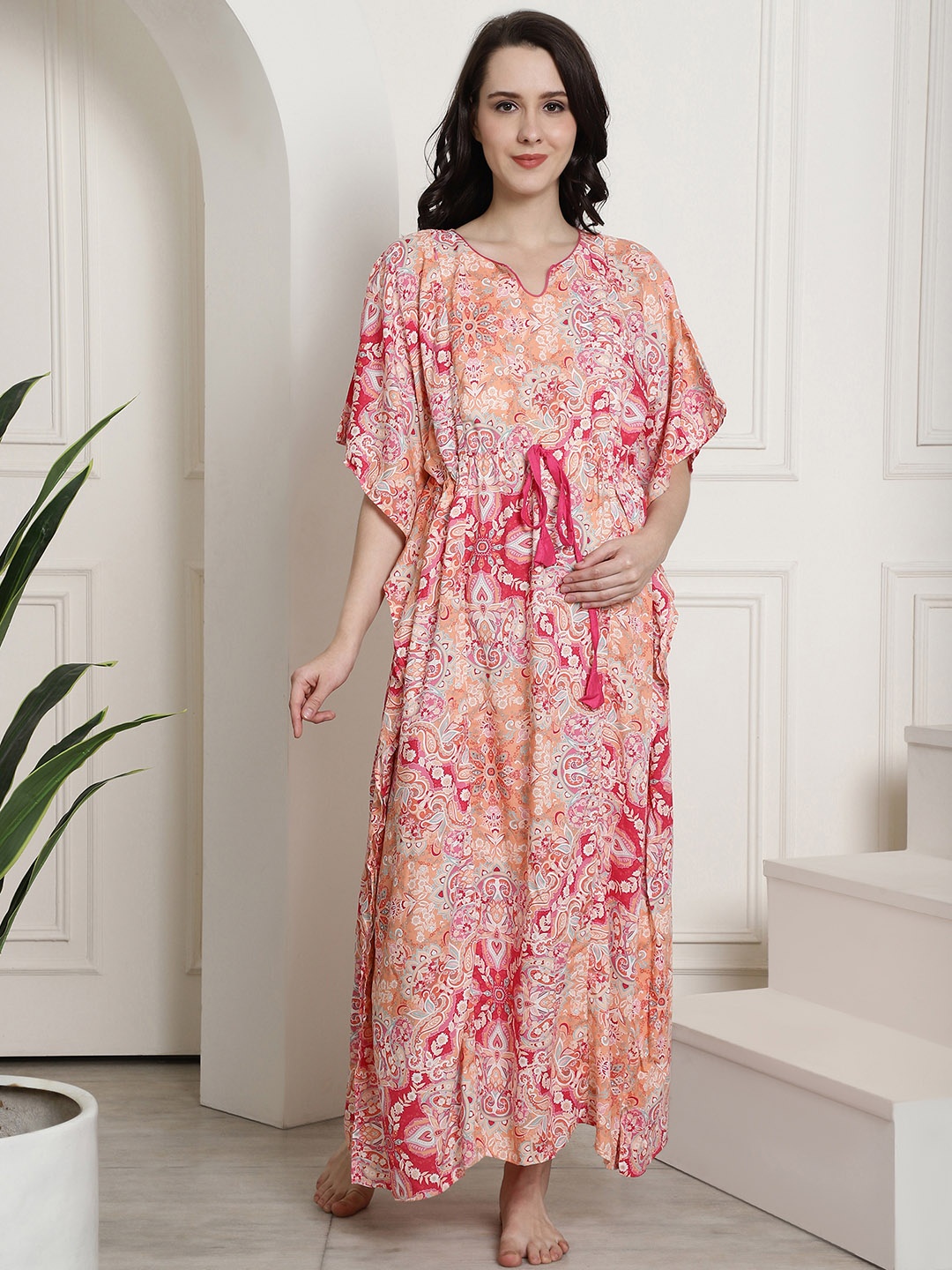

Secret Wish Ethnic Motifs Printed Maxi Maternity Nightdress, Navy blue