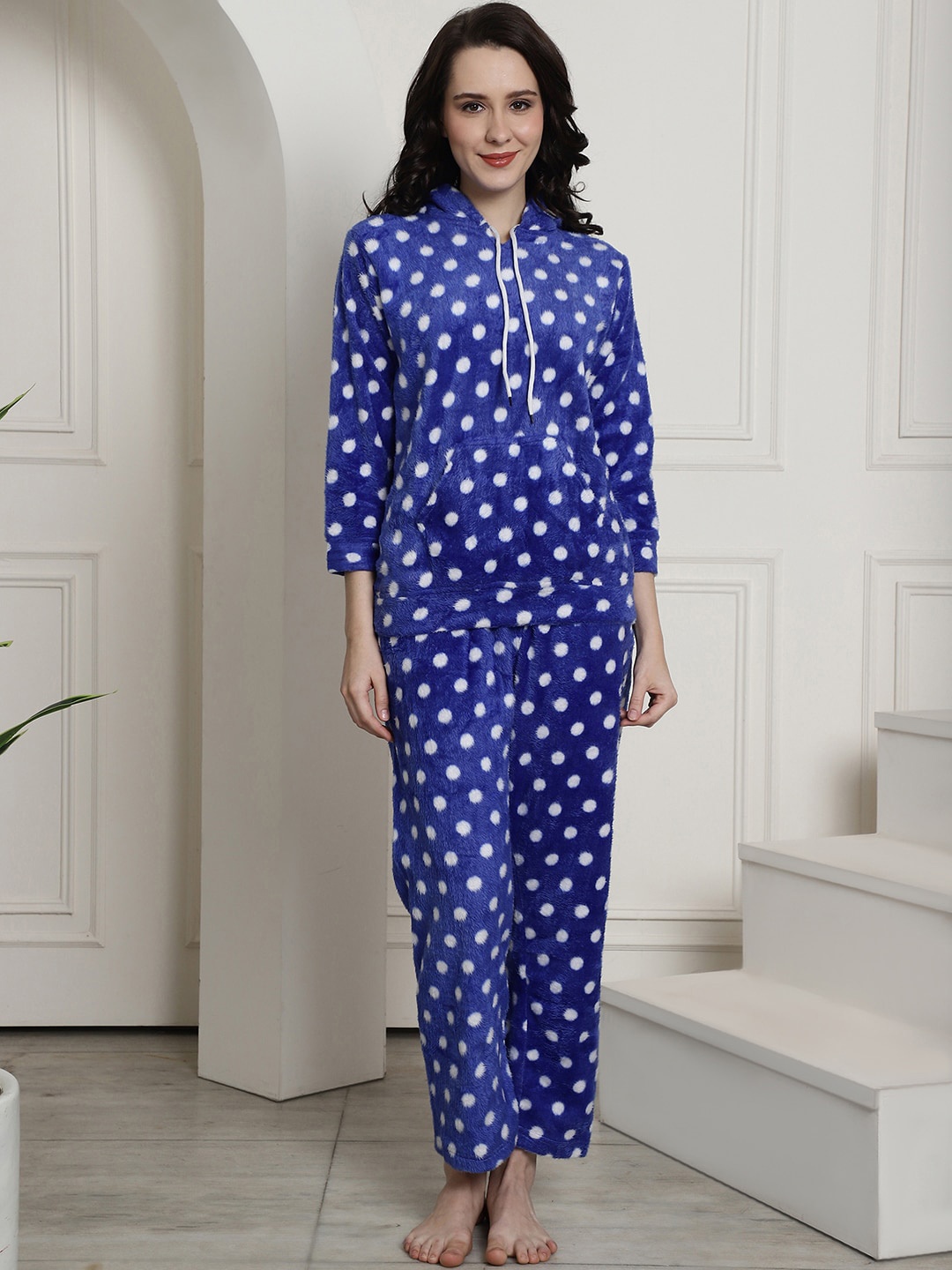

Secret Wish Polka Dots Printed Winter Night suit, Blue