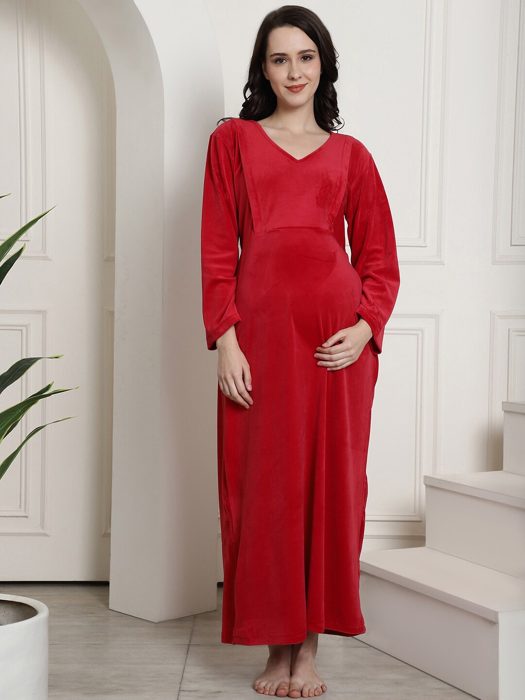 

Secret Wish Velvet Maternity Nighty, Red