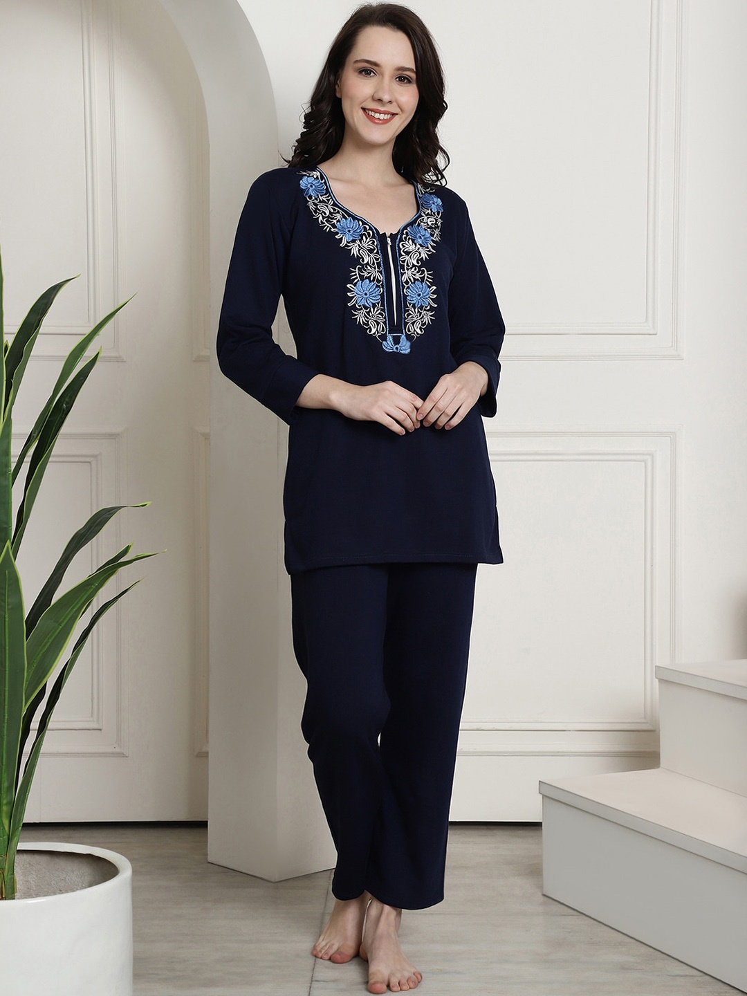 

Secret Wish Floral Embroidered Night suit, Navy blue