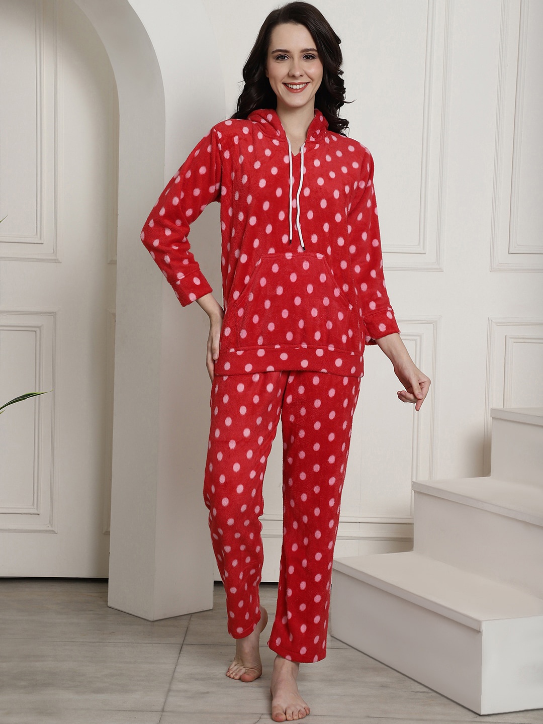 

Secret Wish Polka Dot Printed Night Suit, Red