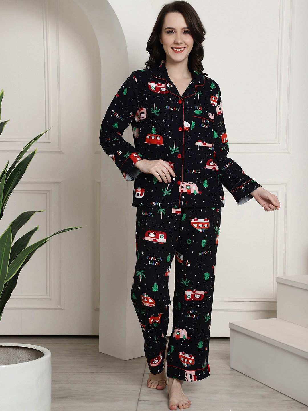 

Secret Wish Conversational Printed Lapel Collar Flannel Cotton Night suit, Black