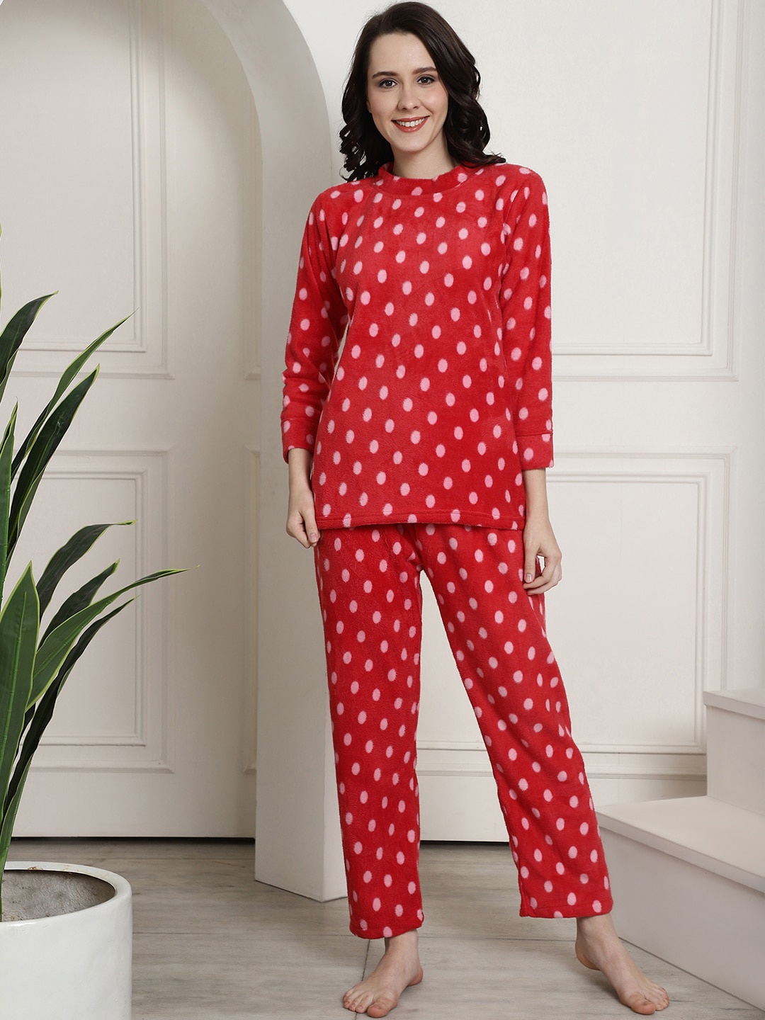 

Secret Wish Polka Dots Printed Night suit, Red