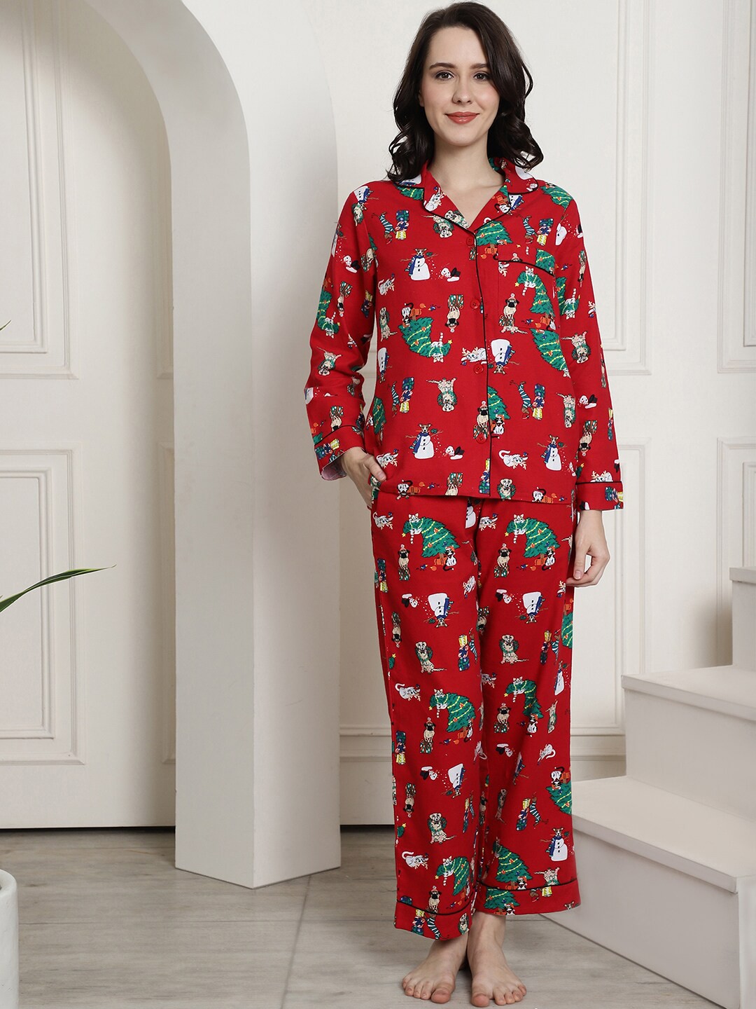

Secret Wish Printed Cotton Shirt And Pyjamas Night Suit, Red